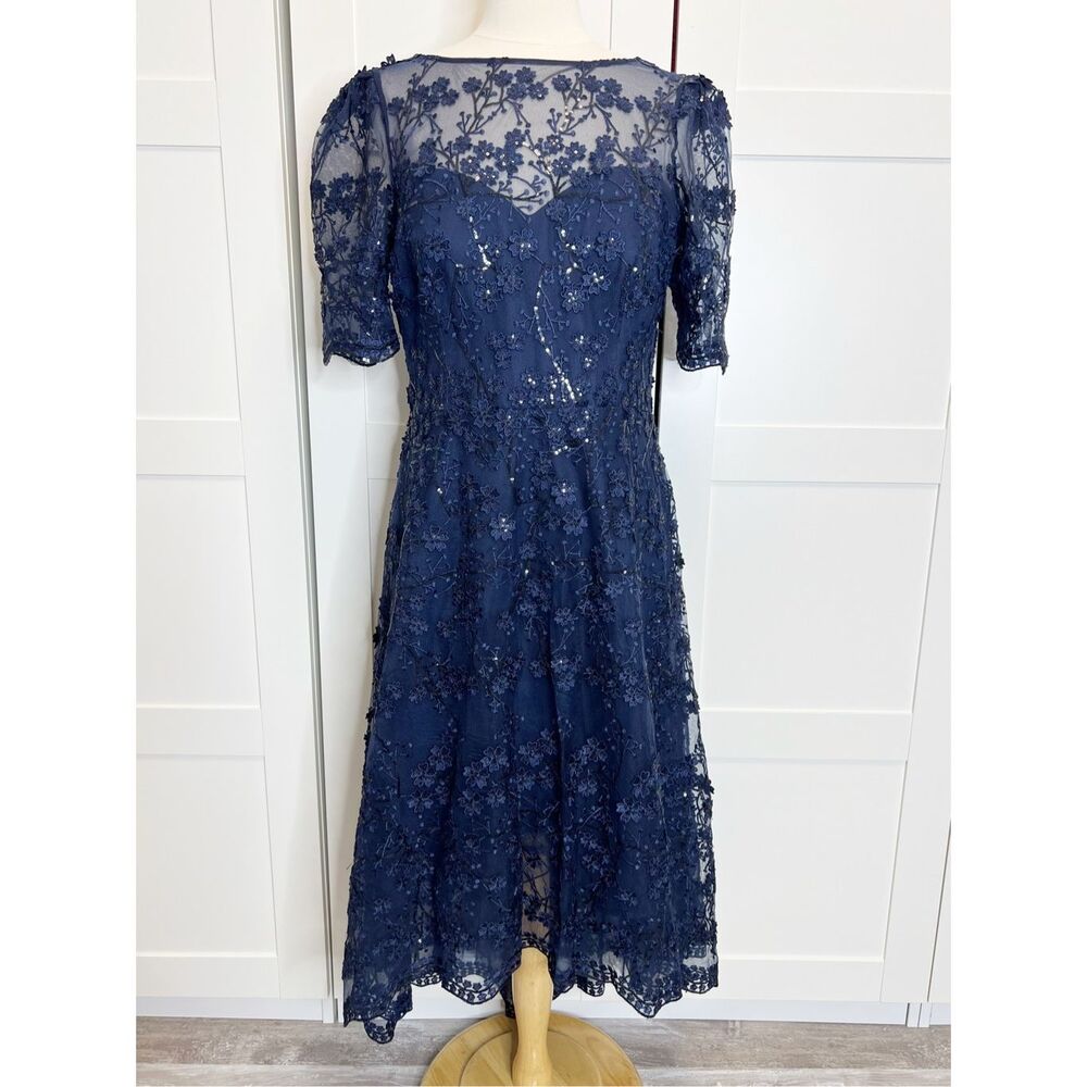 Teri Jon Navy Blue Lace Midi Dress